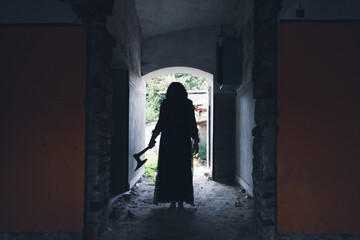 Scary ghost woman in haunted house