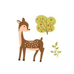 Cute deer. Woodland animal. Poster for baby room. Childish print for nursery. Design can be used for fashion t-shirt, greeting card, baby shower. Vector illustration.