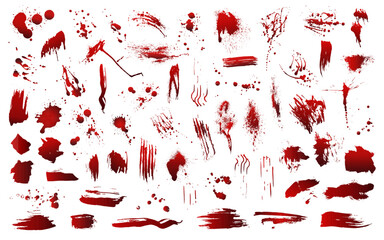 A set of realistic blood splashes. A drop and a blood clot. Blood stains. Isolated. Vector illustration of bloody ink drops on a white background. - obrazy, fototapety, plakaty
