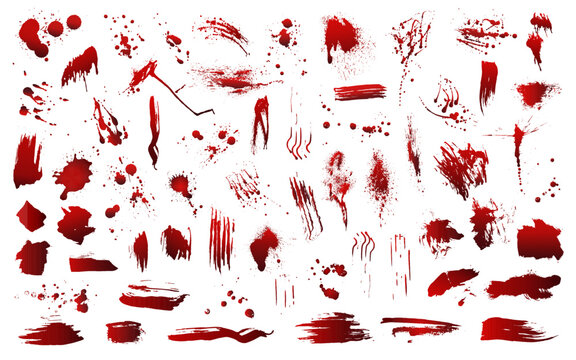 A set of realistic blood splashes. A drop and a blood clot. Blood stains. Isolated. Vector illustration of bloody ink drops on a white background.