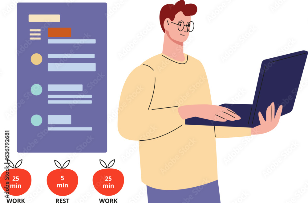 Poster effective time management. man work with computer, pomodoro technique for successful job timing. stu