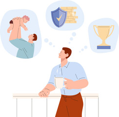 Man dream about family, baby, money and business success. Morning visualisation future process, flat cartoon male greaming with coffee, vector character