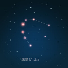 Constellation Corona Australis, on the background of starry sky. Constellation scheme collection Vector illustration	