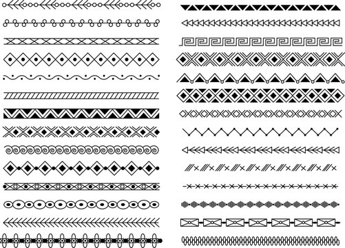 Single geometric line borders. Tribal border and divider, handmade frame decorations. Decorative squiggle pattern, horizontal ethnic decent vector elements