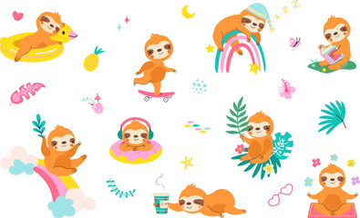 Funny sloth characters swimming and sleep. Cute cartoon sloths, wild exotic animal relax and reading. Jungle animals for kids and baby, nowaday vector characters