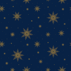 Fototapeta na wymiar Gold snowflakes. Seamless pattern with snowflakes and stars on a blue background. Christmas Pattern for gifts. Flat vector illustration