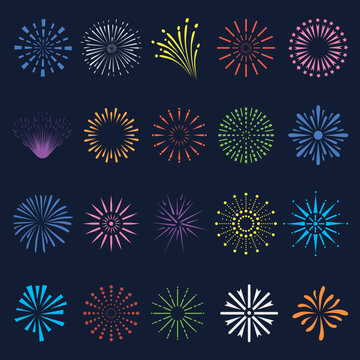 Color Festival Fireworks Elements. Holiday Colorful Sparkler, Firework Exploding Celebration Set. Christmas And New Year Clipart, Party Firecracker Neoteric Vector Icons