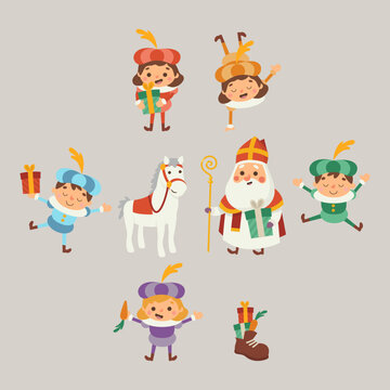 Happy Sinterklaas day - Sinterklaas horese and friends celebrate holidays - vector illustration
