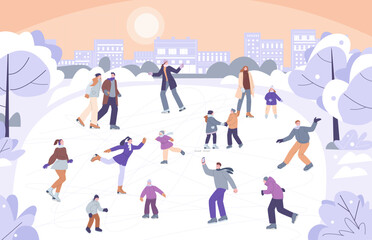 Fototapeta na wymiar People dancing on ice rink in snow city park. Family on skates, winter holiday skating activity. Christmas time outdoor. Kicky crowd vector characters