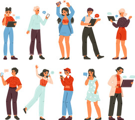 Obraz premium People chatting online. Chat avatar, happy teens talk online. Young adult use gadgets for conference and communication. Snugly vector characters in web network