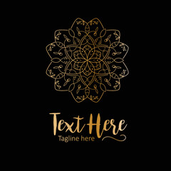 Decorative elegant floral circle badge logo vector illustration with dummy text on dark background.	