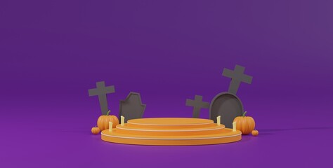 Background 3d renders Halloween color with gravestone and Podium. Stage product. Halloween concept. Product background abstract stage geometric shape Halloween concept.The stage for a product