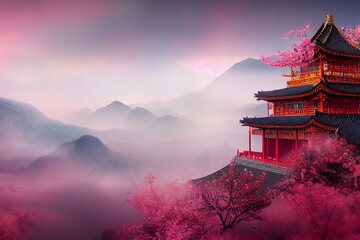 Chinese tempel op een mistige berg met sakurabomen