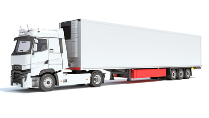 Truck with Reefer Refrigerator Trailer 3D rendering on white background - obrazy, fototapety, plakaty