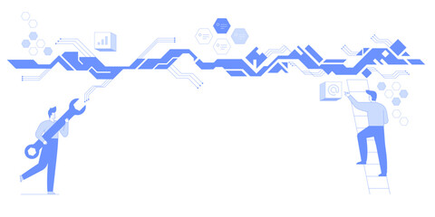 Creating a project in the metaverse and virtual reality technology concept. Own custom virtual universe. Digital workspace, remote work and teamwork vector illustration.