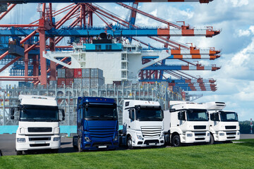 Trucks in the international seaport against on a background of a ship loaded with containers. International trade and logistics concept