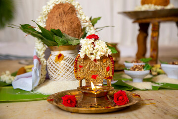 Tamil wedding stage. South Indian traditional pooja lamb(kamatchi vilaku) with wedding background.