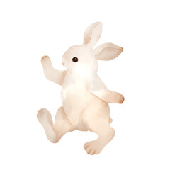 歩く白いウサギ。水彩風背景透過イラスト。