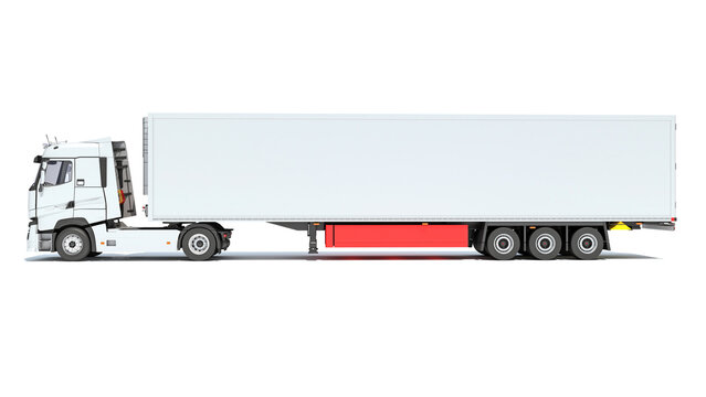 Truck With Reefer Refrigerator Trailer 3D Rendering On White Background