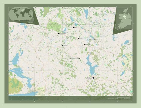 Roscommon, Ireland. OSM. Labelled points of cities