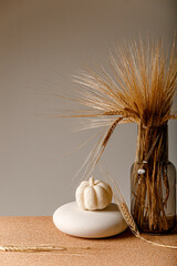 Obraz premium White candle pumpkin composition and dry wheat in dark glass vase