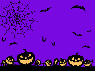 ハロウィン　お化けかぼちゃのシルエットにこうもりとくもの巣の背景
