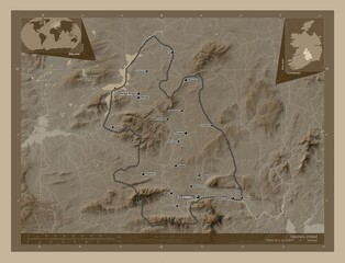 Tipperary, Ireland. Sepia. Labelled points of cities