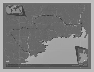 Waterford, Ireland. Grayscale. Labelled points of cities