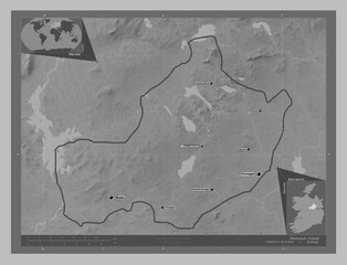 Westmeath, Ireland. Grayscale. Labelled points of cities