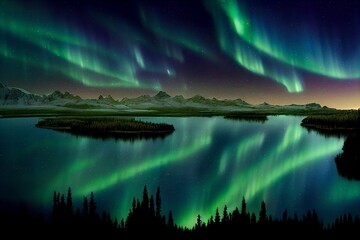 Northern Lights with a sea and a forest