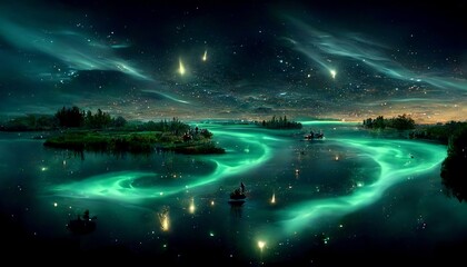 Northern Lights with a star sky and reflections on the water, water painting style
