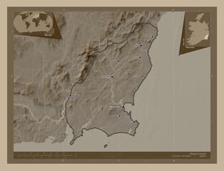 Wexford, Ireland. Sepia. Labelled points of cities
