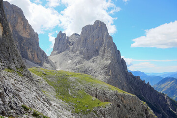 Fototapeta na wymiar panorama of the Dolomites in Alps of the mountain range called Pale di San Martino or Pala Group in Italy