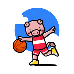 Happy cute pig playing basketball