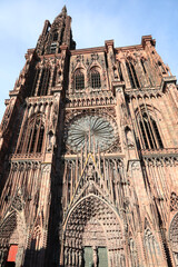 Facade of Ancient  Cathedral of Notre Dame of Strasbourg France bottom view