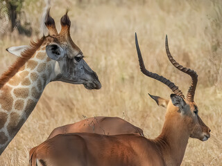 Giraffe and impala resting side by side on the African savanna.