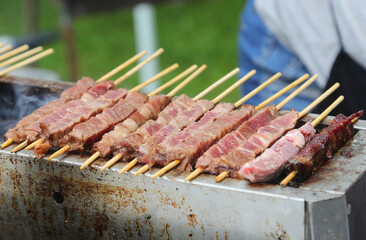 skewers of sheep and mutton cooked over the burning embers called ARROSTICINI in the Italian...