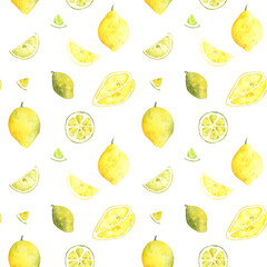 Watercolor seamless pattern with yellow lemon slice and all fruit illustrations. Watercolor hand-drawn fruit lemon background. Organic healthy food texture, for your design and decor
