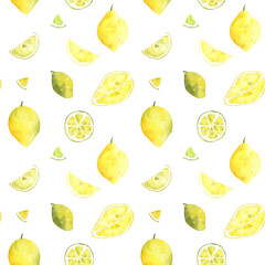 Watercolor seamless pattern with yellow lemon slice and all fruit illustrations. Watercolor hand-drawn fruit lemon background. Organic healthy food texture, for your design and decor
