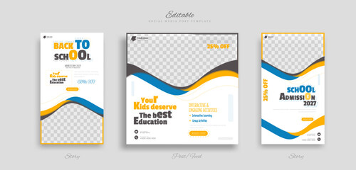 set of School education admission social media post and story web banner template. with blue, black and white background vector illustration