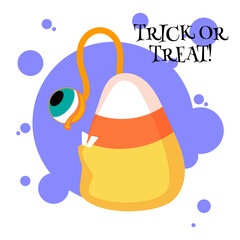 Trick or treat greeting card for halloween. Candy corns cartoon Emoji. Sweet emotion happy. Sweets for Halloween