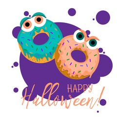 Flat vector illustration of cute halloween doughnut. Monsters donuts with big eyes isolated on background. Happy halloween greeting card.