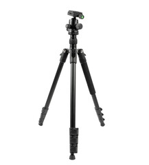 Modern photo video tripod isolated on white background. Aluminium photographic tripod with adjustable head isolated.