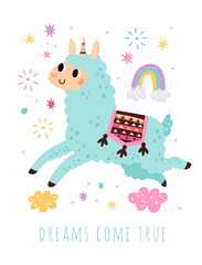 Cute llama greeting card. Funny little alpaca jumping with clouds and rainbow. Motivational inscription. Peru animal relaxing in sky. Happy unicorn lama character. Vector cartoon poster