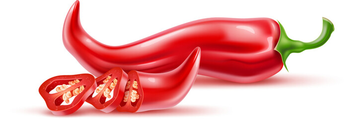 Realistic vegetable. 3D agriculture food. Fresh farm vegetarian product. Whole and sliced red pepper. Paprika or hot chili. Healthy diet nutrition. Vector natural cooking ingredient