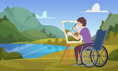 Fototapeta premium Disabled people. Multiracial diverse characters working making work exact vector cartoon background