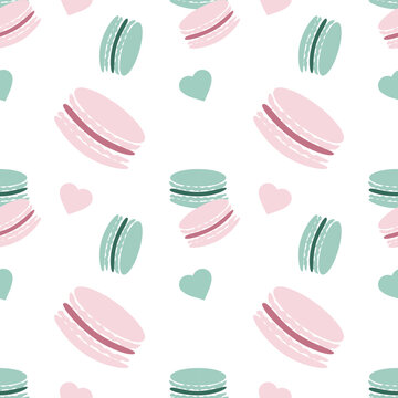 Vector sweer seamless pattern with pink and green maracon isolated on white background for fabrics, paper, textile, gift wrap, invitations, greeting cards, business card
