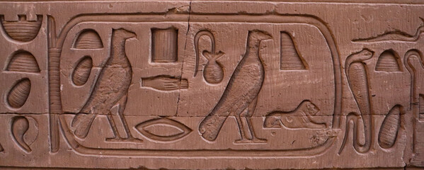 Ancient egyptian hieroglyphs carved on walls of Kom Ombo temple in Aswan, Egypt 