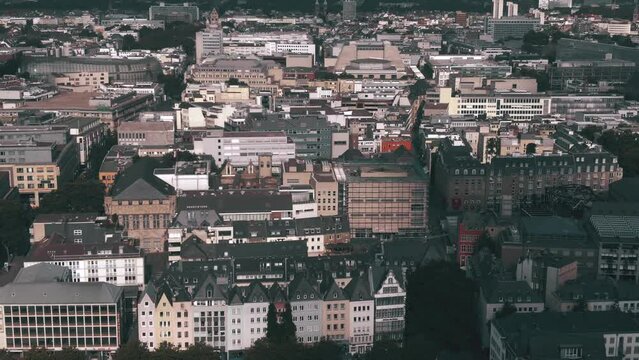 Aerial view of the city of Cologne on a partly cloudy summer day, Germany. Neumarkt-Viertel and Martins-Viertel neighborhoods