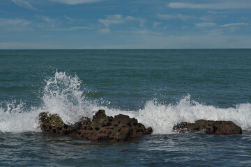 West Africa. Senegal. The waves of the Atlantic Ocean beat against the rocks of volcanic origin on...